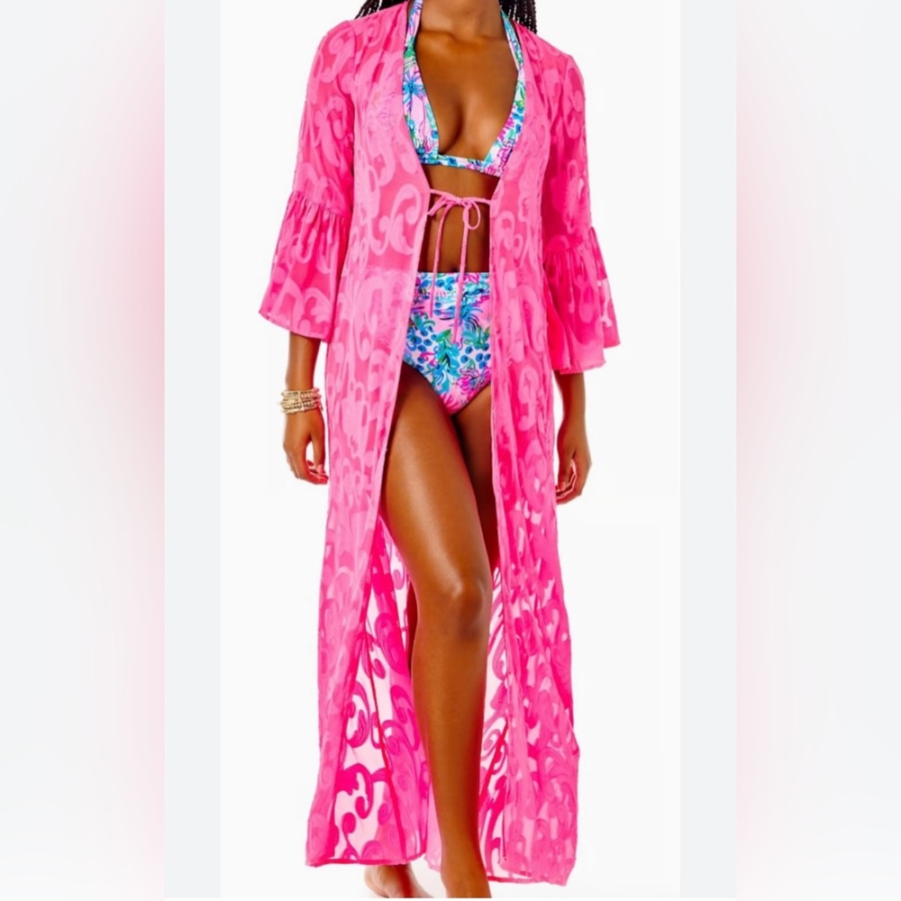 Lilly Pulitzer Motley Maxi Aura Pink Poly Crepe Swirl Cover Up size m